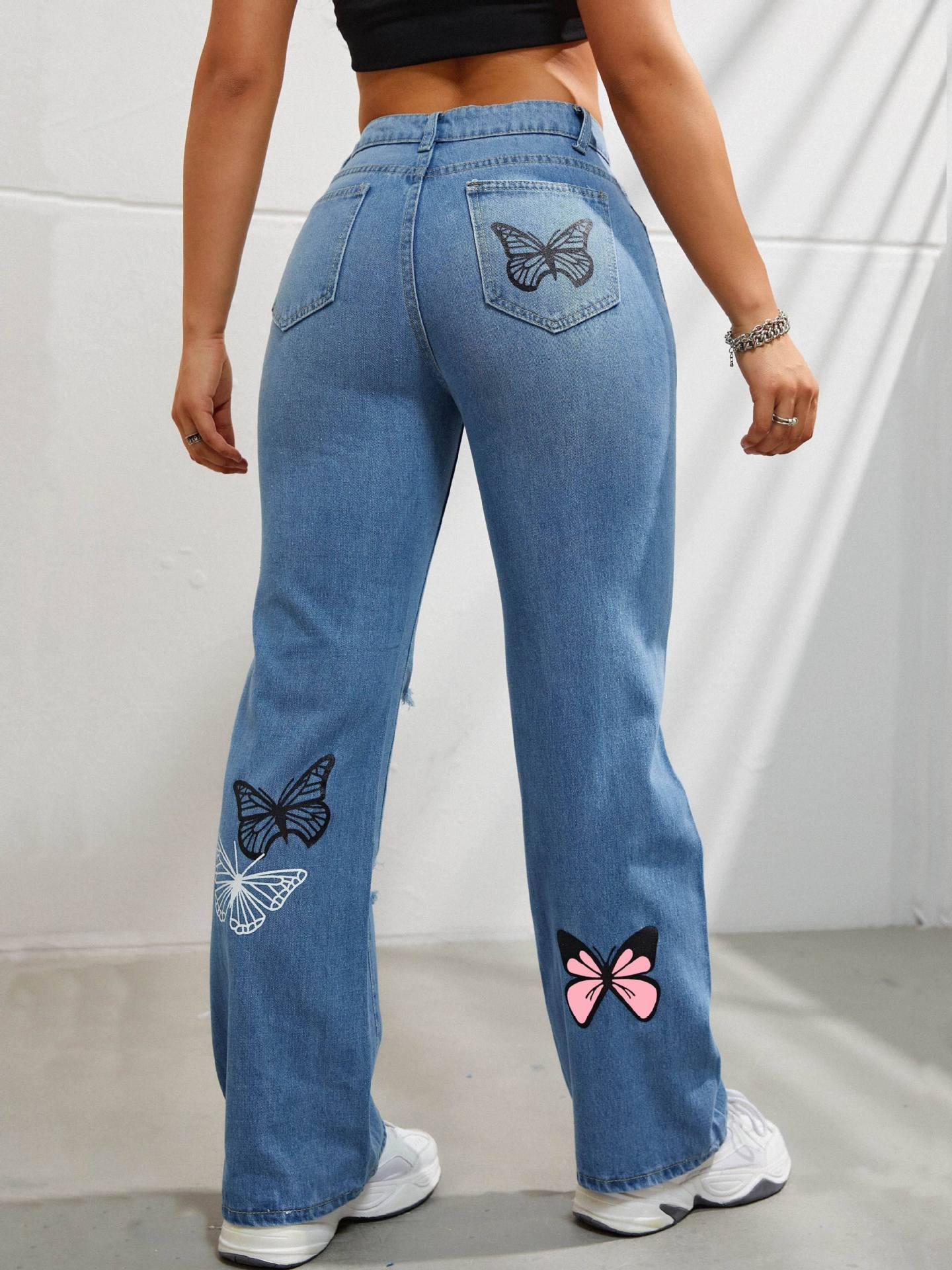 High Waisted Straight Leg Jeans For Women Trendy Butterfly Denim Pants