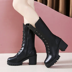 Cross Strap High Heel Short Plush Wedge Round Head Middle Boots