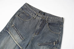 Zipper Pleated Deconstructed Stitching Edging Jeans