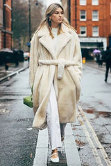Faux Fur Furry Long Coat Women With Belt Thickened Warm Turndown Collar Female Plush Jacket Autumn Winter Fashion Lady Overcoat