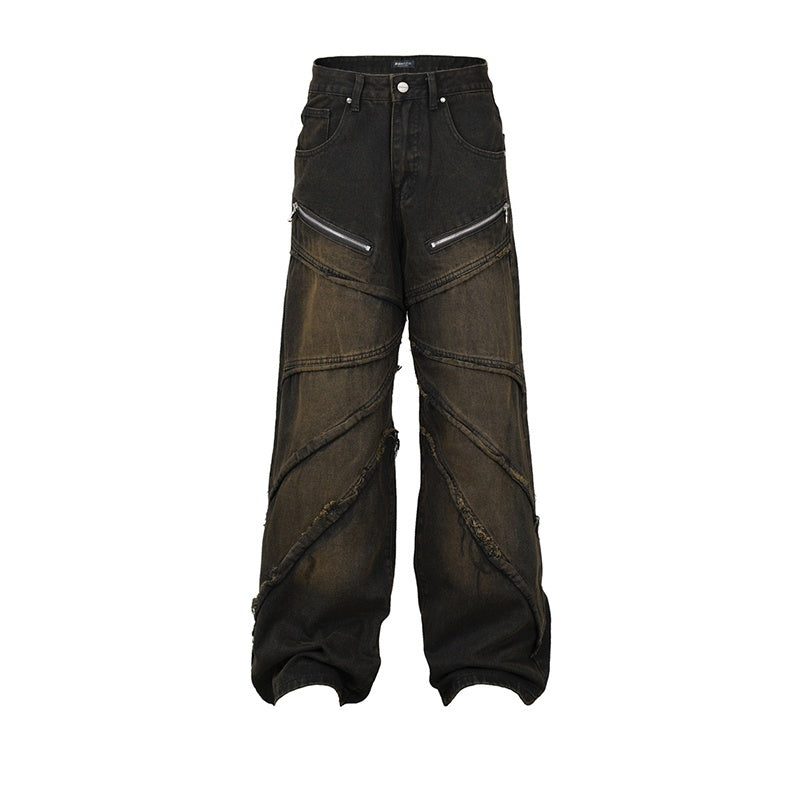 Zipper Pleated Deconstructed Stitching Edging Jeans