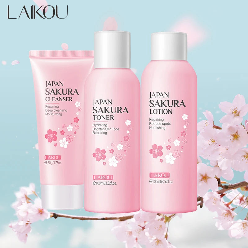 3Pcs Sakura Skin Care Set Hyaluronic Acid Moisturizing Toner Oil-Control Cleanser Nourishing Lotion Emulsion Smoothing Face Care