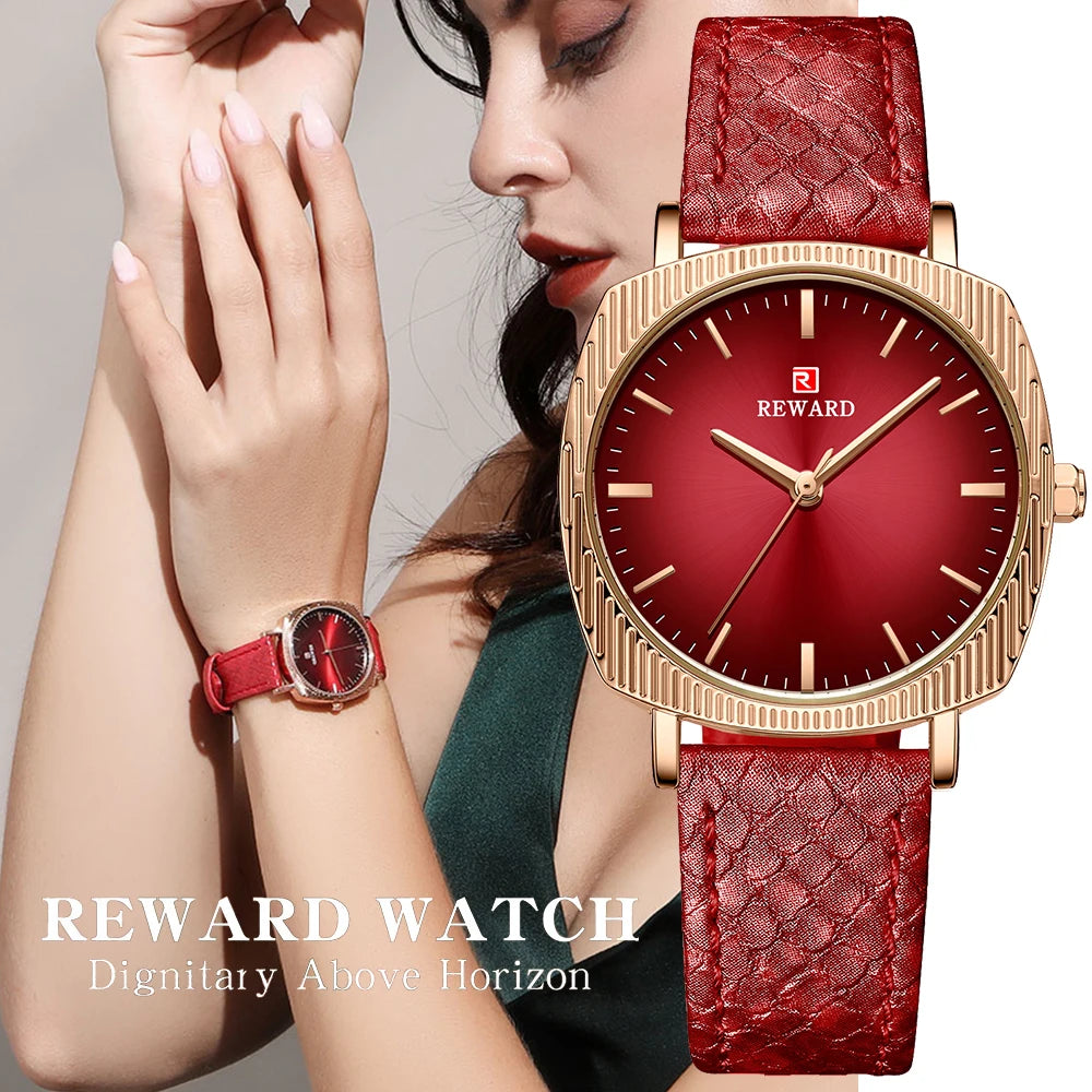 Women Watches Fashion Red Ladies Quartz Watch with Snake Pattern Genuine Leather Strap Simple Female Wristwatches