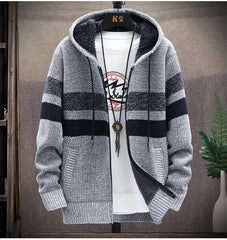 2024 Men's Winter Thick Warm Striped Cardigan Sweater Hooded Faux Fur Wool Jacket Windbreaker Fleece Jumper Knitted Jacket Male