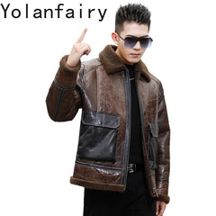 YOLANFAIRY Genuine Sheepskin Jacket Mens Real Fur Coat Winter Clothes Cropped Leather Jacket Men Wool Jacket Men Бомбер 2024