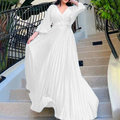 Womens Dresses Plus Size Deep V Neck Flare Long Sleeve Ruched Maxi Long Dress Evening Prom Party Dress платье женское