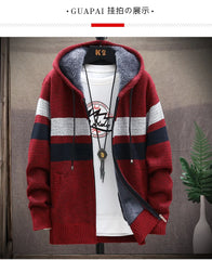 2024 Men's Winter Thick Warm Striped Cardigan Sweater Hooded Faux Fur Wool Jacket Windbreaker Fleece Jumper Knitted Jacket Male