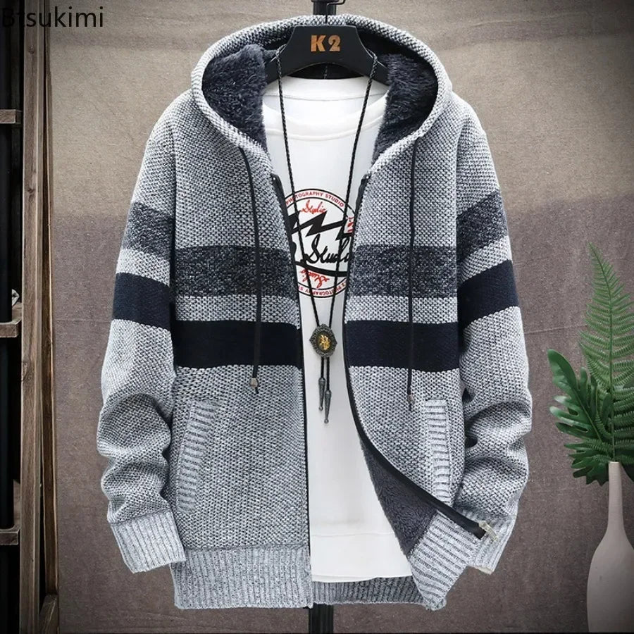 2024 Men's Winter Thick Warm Striped Cardigan Sweater Hooded Faux Fur Wool Jacket Windbreaker Fleece Jumper Knitted Jacket Male