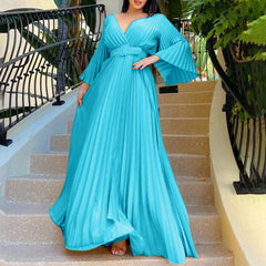 Womens Dresses Plus Size Deep V Neck Flare Long Sleeve Ruched Maxi Long Dress Evening Prom Party Dress платье женское