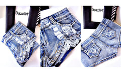 2024 Summer New Women's Hole Jeans Denim Lace Bead Shorts Korean Style