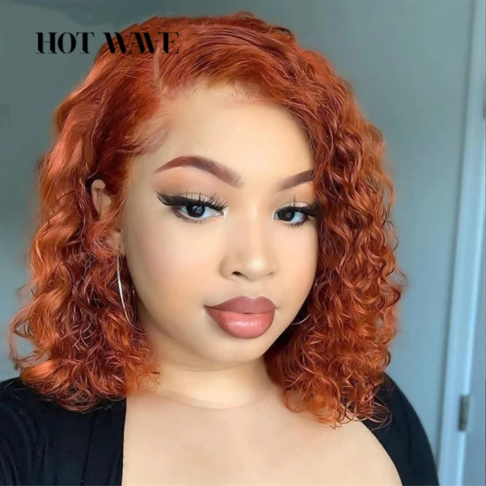 8Inch Ginger Short Curly Wigs 13x4 Deep Wave Bob Wig Lace Front Human Hair Wigs for Women Hd Transparent Lace Frontal Wig