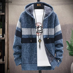 2024 Men's Winter Thick Warm Striped Cardigan Sweater Hooded Faux Fur Wool Jacket Windbreaker Fleece Jumper Knitted Jacket Male