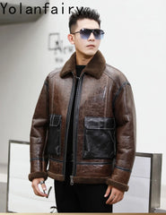 YOLANFAIRY Genuine Sheepskin Jacket Mens Real Fur Coat Winter Clothes Cropped Leather Jacket Men Wool Jacket Men Бомбер 2024