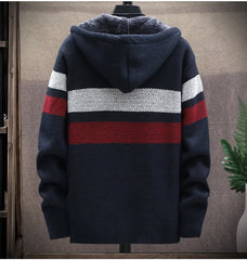 2024 Men's Winter Thick Warm Striped Cardigan Sweater Hooded Faux Fur Wool Jacket Windbreaker Fleece Jumper Knitted Jacket Male