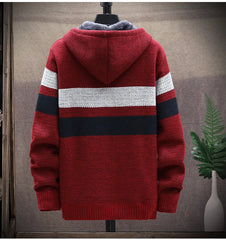 2024 Men's Winter Thick Warm Striped Cardigan Sweater Hooded Faux Fur Wool Jacket Windbreaker Fleece Jumper Knitted Jacket Male