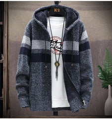 2024 Men's Winter Thick Warm Striped Cardigan Sweater Hooded Faux Fur Wool Jacket Windbreaker Fleece Jumper Knitted Jacket Male