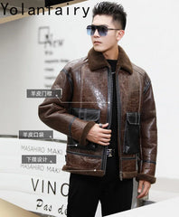 YOLANFAIRY Genuine Sheepskin Jacket Mens Real Fur Coat Winter Clothes Cropped Leather Jacket Men Wool Jacket Men Бомбер 2024