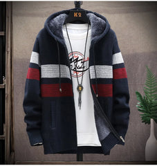 2024 Men's Winter Thick Warm Striped Cardigan Sweater Hooded Faux Fur Wool Jacket Windbreaker Fleece Jumper Knitted Jacket Male