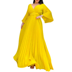 Womens Dresses Plus Size Deep V Neck Flare Long Sleeve Ruched Maxi Long Dress Evening Prom Party Dress платье женское