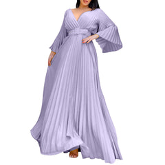 Womens Dresses Plus Size Deep V Neck Flare Long Sleeve Ruched Maxi Long Dress Evening Prom Party Dress платье женское