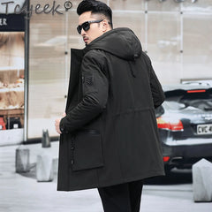 Tcyeek Mens Real Fur Parka Mid-length Winter Jackets for Men Clothing Warm Wool Liner Hooded Coat Male Fashion Fur Jacket Slim