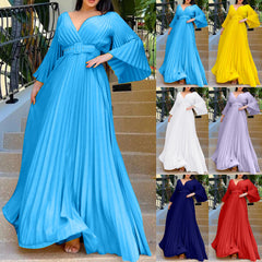 Womens Dresses Plus Size Deep V Neck Flare Long Sleeve Ruched Maxi Long Dress Evening Prom Party Dress платье женское