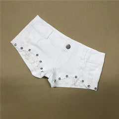 2024 Summer New Women's Hole Jeans Denim Lace Bead Shorts Korean Style