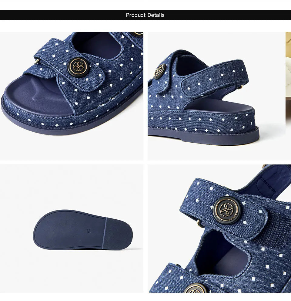 BEAUTODAY Leisure Sandals Women Denim Blue Polka Dot Hook And Loop Button Decoration Summer 2023 Ladies Shoes Handmade 34580