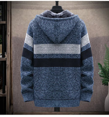 2024 Men's Winter Thick Warm Striped Cardigan Sweater Hooded Faux Fur Wool Jacket Windbreaker Fleece Jumper Knitted Jacket Male