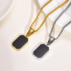 2024 Stylish Gold Color Mens Geometric Square Necklaces,Black Enamel Rectangle Pendant with Rope Box Chain Collar Gift Jewelry