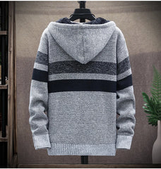 2024 Men's Winter Thick Warm Striped Cardigan Sweater Hooded Faux Fur Wool Jacket Windbreaker Fleece Jumper Knitted Jacket Male