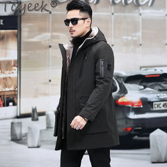 Tcyeek Mens Real Fur Parka Mid-length Winter Jackets for Men Clothing Warm Wool Liner Hooded Coat Male Fashion Fur Jacket Slim