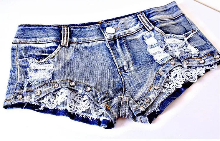 2024 Summer New Women's Hole Jeans Denim Lace Bead Shorts Korean Style