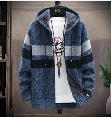 2024 Men's Winter Thick Warm Striped Cardigan Sweater Hooded Faux Fur Wool Jacket Windbreaker Fleece Jumper Knitted Jacket Male