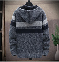 2024 Men's Winter Thick Warm Striped Cardigan Sweater Hooded Faux Fur Wool Jacket Windbreaker Fleece Jumper Knitted Jacket Male