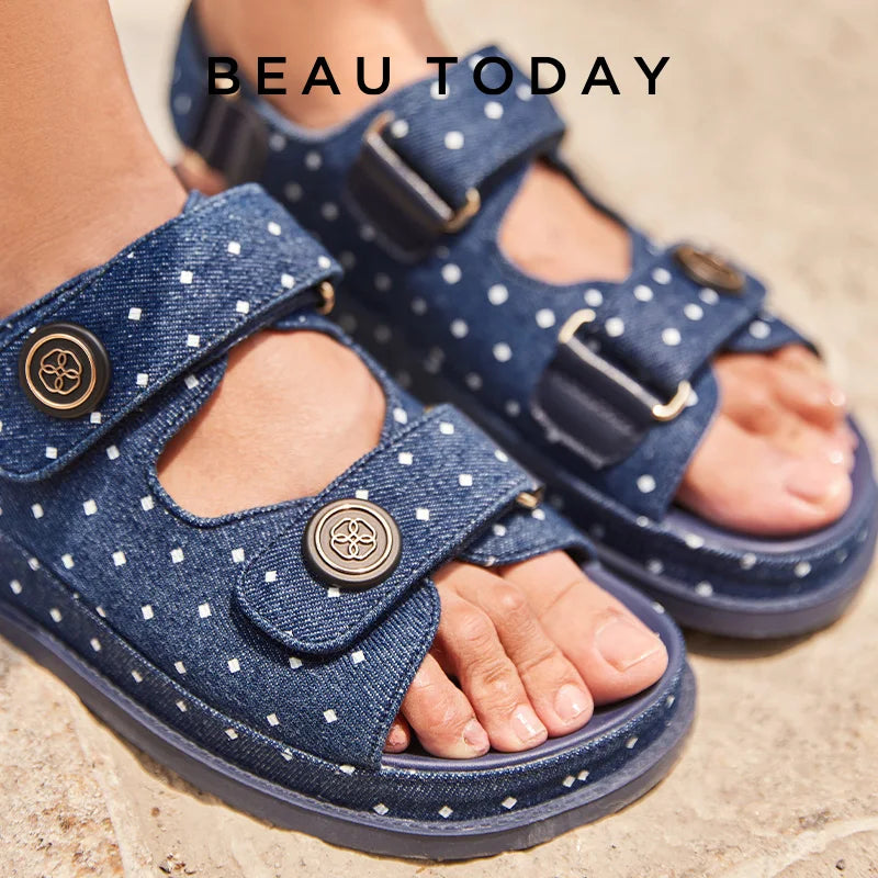 BEAUTODAY Leisure Sandals Women Denim Blue Polka Dot Hook And Loop Button Decoration Summer 2023 Ladies Shoes Handmade 34580