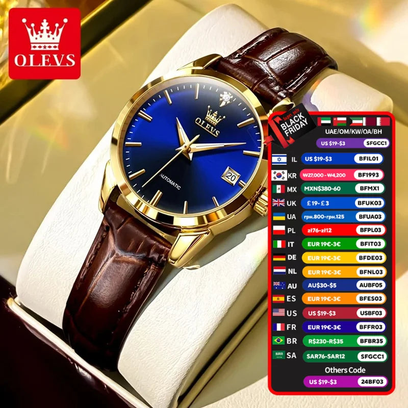 Womens Wrist Watch OLVES 6629 Automatic Mechanical Fashion Blue Dial Watches For women Leather Strap Waterproof Date