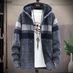 2024 Men's Winter Thick Warm Striped Cardigan Sweater Hooded Faux Fur Wool Jacket Windbreaker Fleece Jumper Knitted Jacket Male