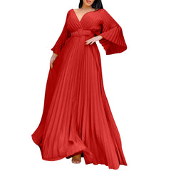 Womens Dresses Plus Size Deep V Neck Flare Long Sleeve Ruched Maxi Long Dress Evening Prom Party Dress платье женское