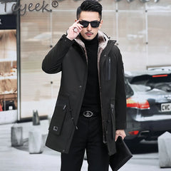 Tcyeek Mens Real Fur Parka Mid-length Winter Jackets for Men Clothing Warm Wool Liner Hooded Coat Male Fashion Fur Jacket Slim