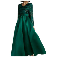 Elegant Sequin Cocktail Party Swing Dress Sexy V Neck Long Sleeves Dress Gown Robes Women Banquet Evening Dresses Vestidos