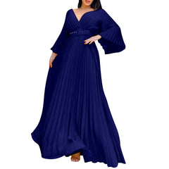 Womens Dresses Plus Size Deep V Neck Flare Long Sleeve Ruched Maxi Long Dress Evening Prom Party Dress платье женское