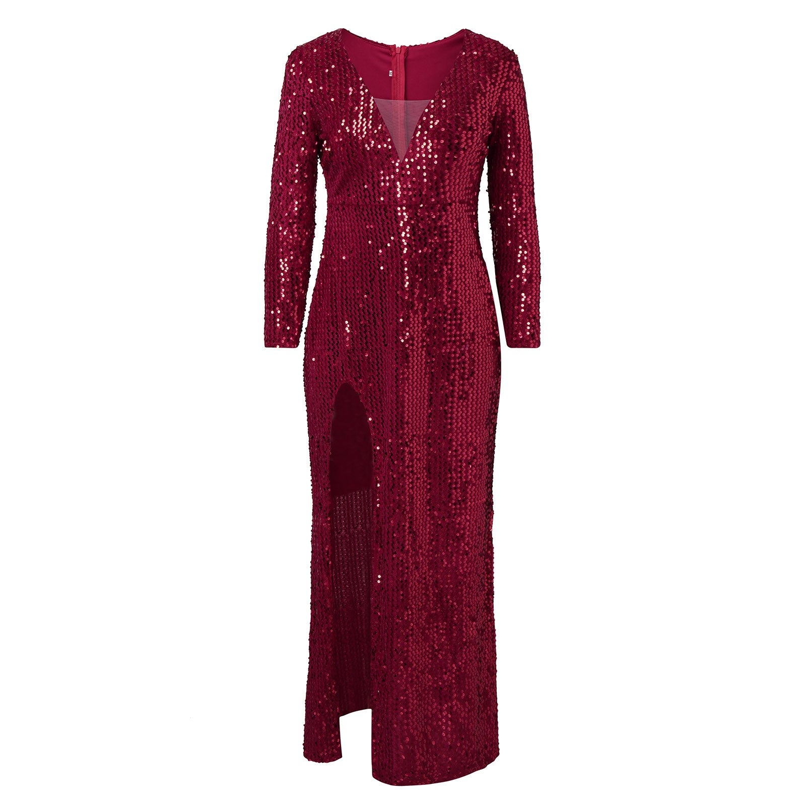 Women's Formal Dresses Vintage Long Sleeve Deep V Neck Side Slit Slim Glitter Sparkly Sequin Dress Elegant Solid Red Party Dress