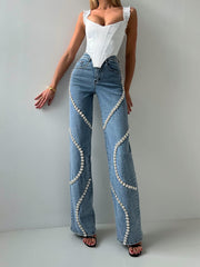 Loose Straight-cut Rhinestone Jeans With Design Sense