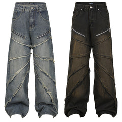 Zipper Pleated Deconstructed Stitching Edging Jeans