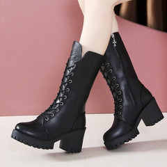 Cross Strap High Heel Short Plush Wedge Round Head Middle Boots