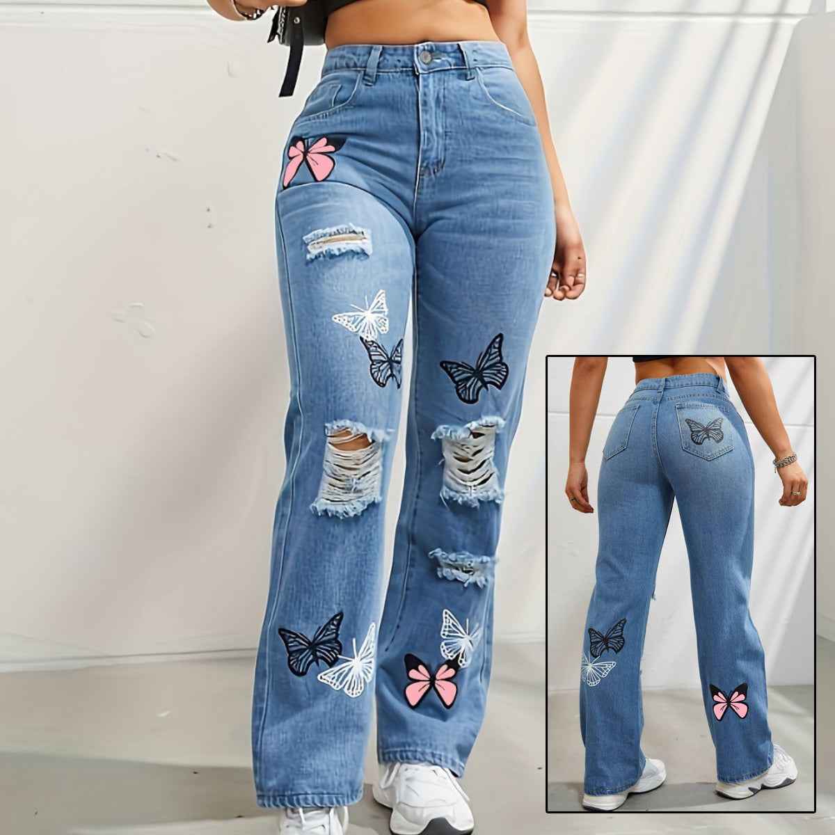 High Waisted Straight Leg Jeans For Women Trendy Butterfly Denim Pants