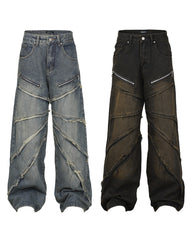 Zipper Pleated Deconstructed Stitching Edging Jeans