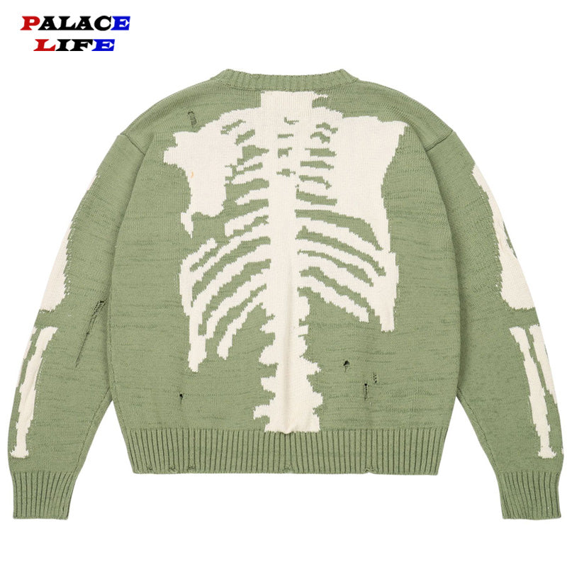 Men Sweater Green Loose Skeleton Bone Printing