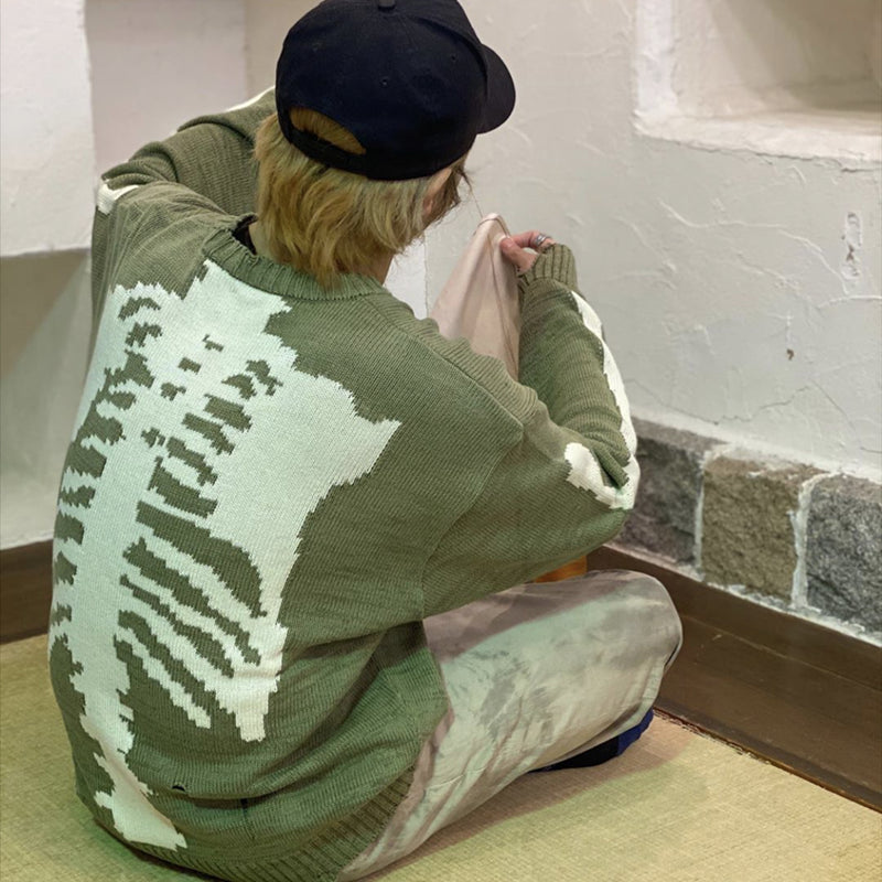 Men Sweater Green Loose Skeleton Bone Printing